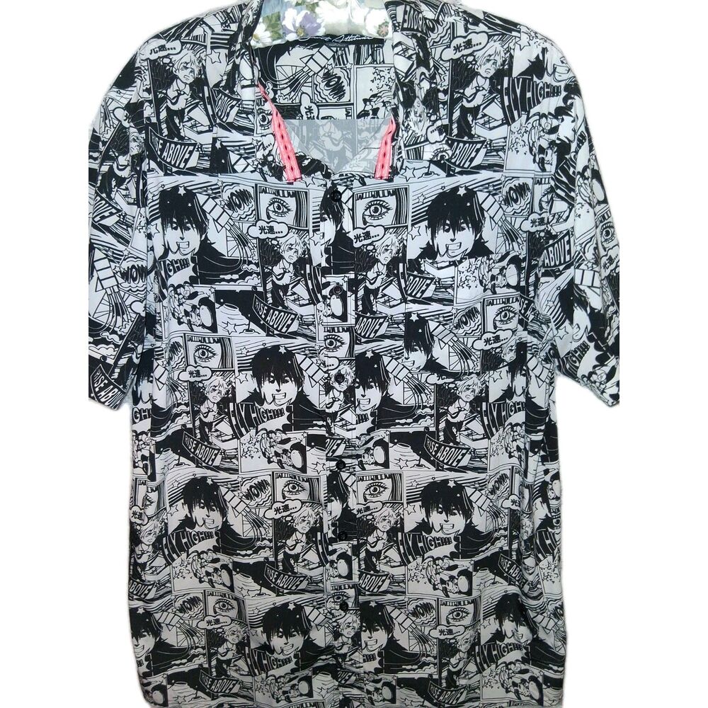 Just Attitude Men's Anime Comic Print Button Up Shirt XL BlackWhite Short Sleeve